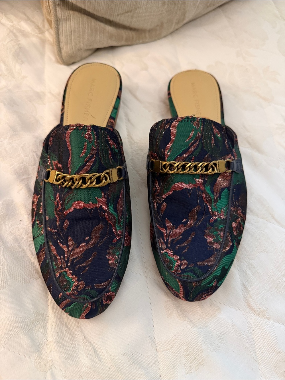 Marc Fisher Women’s Navy & Green Embroidered Slip-On Mules with Gold Chain